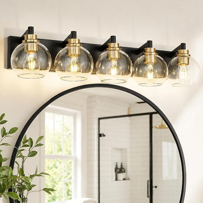 5-Light Black and Gold Bathroom Vanity Light, Clear Glass Globes | Ideal for 36-48" mirrors, 32" modern bathroom light fixtures over mirror, E26 base, bulbs not included, VL195-KG-5