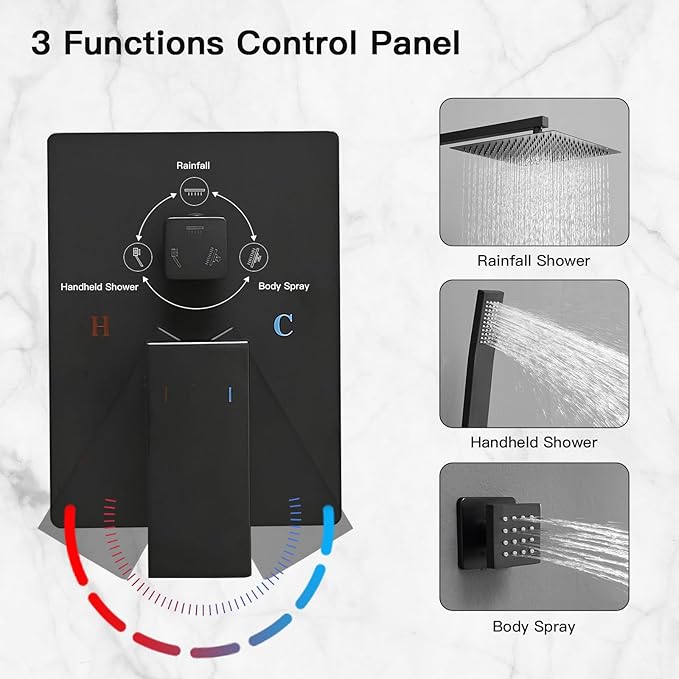 BWE Black Shower System with Body Jets,10 Inch Rain Shower Head with 6 Body Spray Jets and Handheld Shower,Wall Mounted Shower Faucet Set,Rough-in Mixer Valve and Trim Included