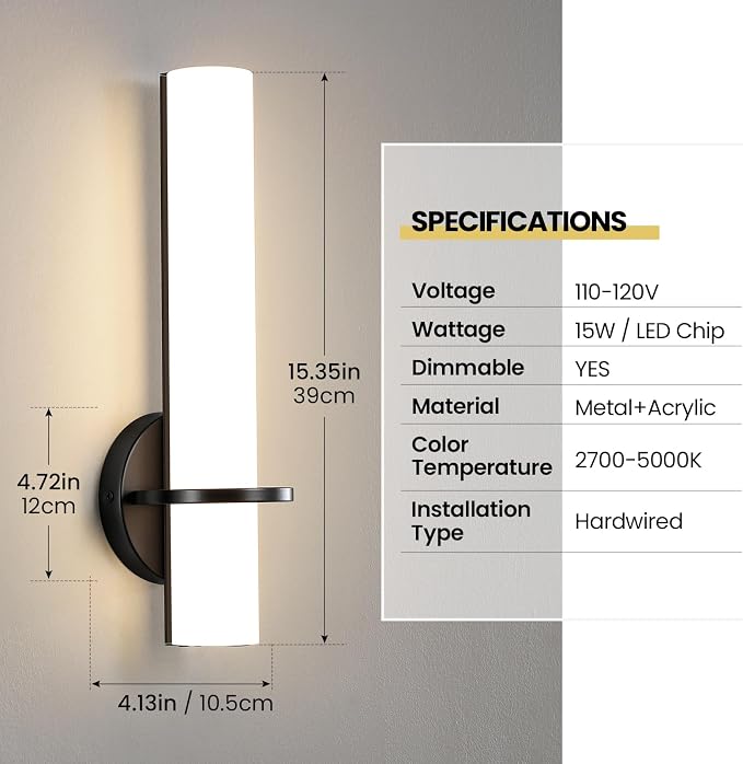 Black Wall Sconces Set of 2, 15-inch Bathroom Sconces 5CCT LED Dimmable Modern Wall Lights for Bedroom Living Room Hallway (Hardwired)