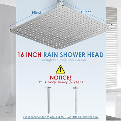 16 inch Brushed Nickel Large Rain Shower Head - All Metal 304 Stainless Steel, Full Body Rainfall Shower with 324 Silicone Nozzles - Waterfall Bathroom Square Showerheads, Ceiling Mounted