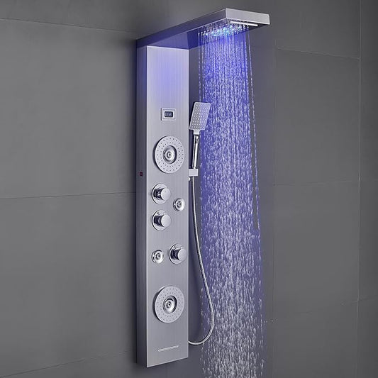 ROVOGO Shower Panel with Rainfall, Waterfall Shower Head, 2-Type Body Jets, Handheld and Tub Spout, Shower Tower System with Led Lights and Temperature Display, 304 Stainless Steel Brushed