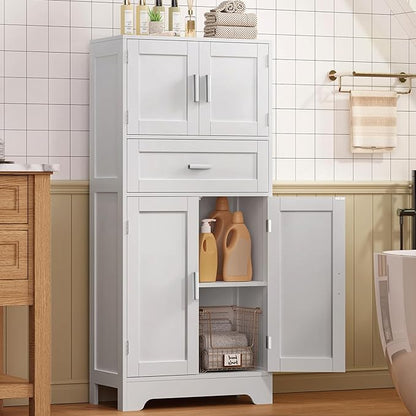 TEENFON Bathroom Storage Cabinet with Adjustable Shelf & Large Drawer | Tall Storage Cabinet with 4 Doors, Kitchen Pantry Storage Cabinets, for Living Room, Dining Room, Entryway, White