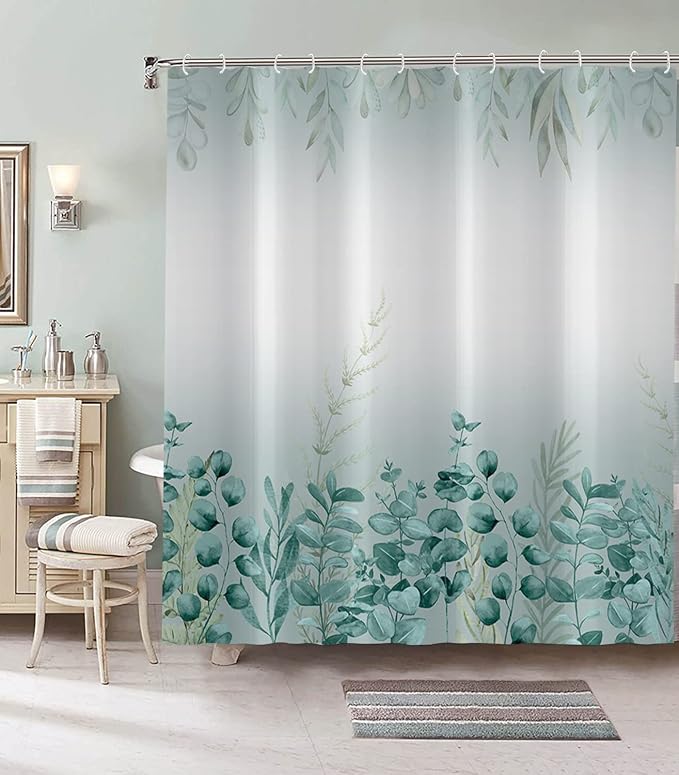 Spring Eucalyptus Shower Curtain, Sage Green Botanical Tropical Leaves Plants Bathroom Curtain for Bathtub Decor Waterproof Fabric Machine Washable with 12 Hooks (GCI-7424)