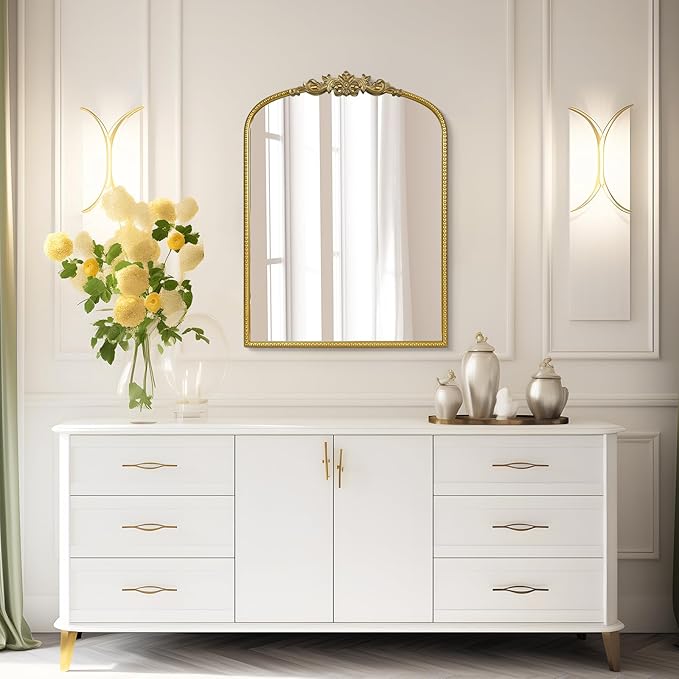 WallBeyond Gold Vintage Mirror for Vanity 22x30 Inch, Gold Antique Mirror with Ornate Frame, Arched Vintage Wall for Bathroom, Living Room, Fireplace, Entryway