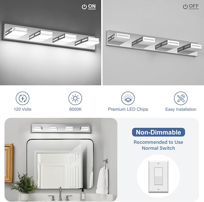 LED Modern Bathroom Light Fixtures, 4-Light 30-Inch Chrome Vanity Lights for Bathroom Lighting Fixtures Over Mirror, 350° Rotatable Acrylic, 6000K Cool White Wall Lamp