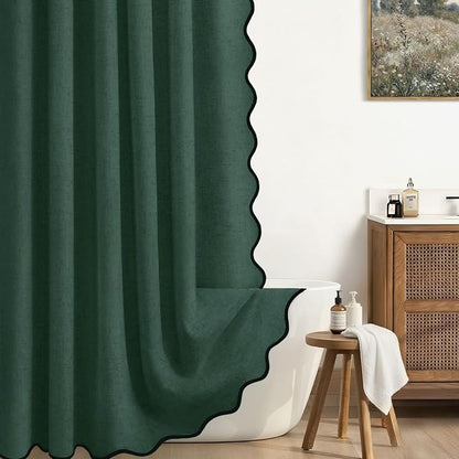 Scalloped Shower Curtain Linen Boho Flax Dark Green 72" W x 72" L | Linen Fabric, Black Border, Washable, Heavy Duty Cloth, Shower Curtain for Boho Farmhouse Bathroom Bathtub