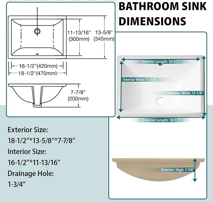 18.5x14 Inch White Ceramic Undemrount Bathroom Sink | undemrount rectangle Under Counter Lavatory Vanity Sinks Basin for Bathroom
