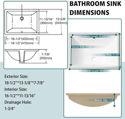 18.5x14 Inch White Ceramic Undemrount Bathroom Sink | undemrount rectangle Under Counter Lavatory Vanity Sinks Basin for Bathroom