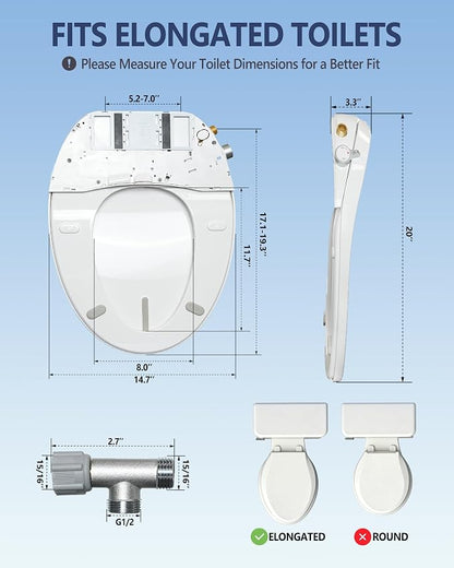 Jamini Non-Electric Bidet Toilet Seat for Elongated Toilets, Dual Nozzle Front & Rear Wash, Adjustable Water Pressure, Soft Close Seat & Lid, Self-Cleaning Nozzles, Quick Release, Brass Inlet