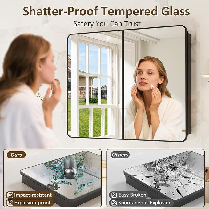 Medicine Cabinet Mirror 40x32 Inch, Double-Sided Bathroom Mirror Cabinet with Adjustable Glass Shelves, 2-Compartment Bathroom Mirror with Storage Recessed or Wall Mount