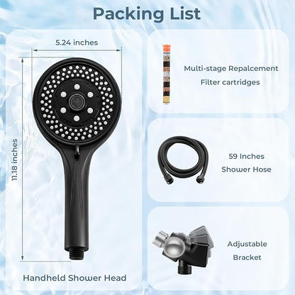 Filtered Handheld Shower Head, High Pressure Black | 7 spray modes, 5.24" wide coverage, 59" SS hose, adjustable holder, built-in filter, G1/2" universal fit, tool-free install