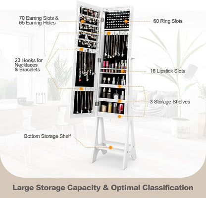 COSTWAY 12 LED Mirror Jewelry Cabinet, Freestanding Jewelry Storage Organizer w/Full Length Mirror, Large Capacity Jewelry Armoire w/Bottom Shelf, Mirror with Jewelry Storage for Women Girls (White)
