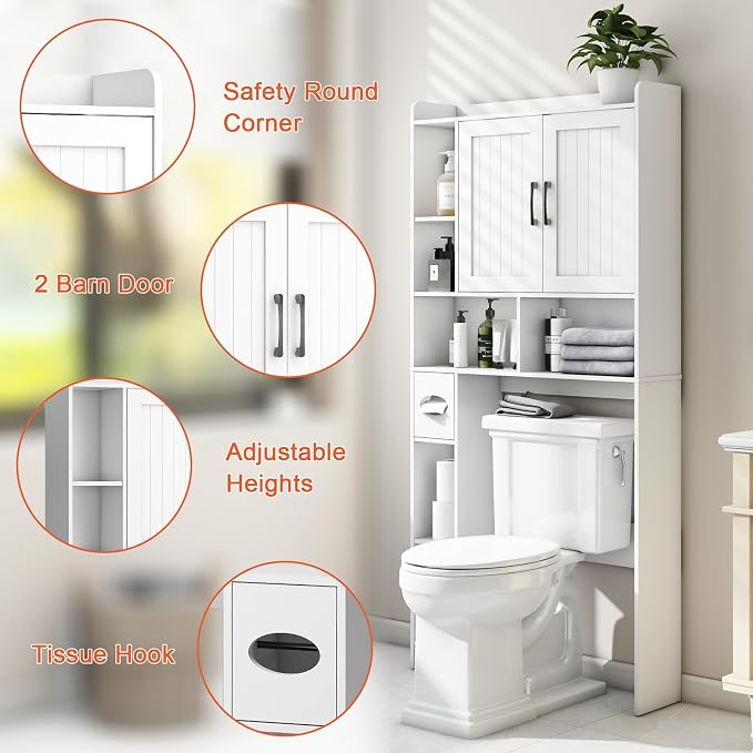 Vabches Farmhouse Over The Toilet Storage Cabinet with Barn Door, White | Storage Cabinet Over Toilet, Home Space-Saving Toilet Rack, for Bathroom, Restroom, Laundry