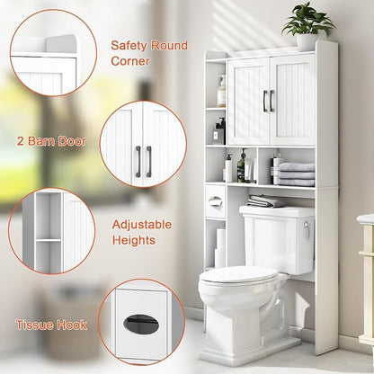 Vabches Farmhouse Over The Toilet Storage Cabinet with Barn Door, White | Storage Cabinet Over Toilet, Home Space-Saving Toilet Rack, for Bathroom, Restroom, Laundry