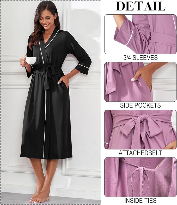 PrinStory Robes for Women 3/4 Sleeve Long Bath Robe XS-4XL | V-Neck Knit Bathrobe with Pockets, Lightweight, Soft, Breathable Robes for Shower, Spa, Travel, Home, Party, Nursing