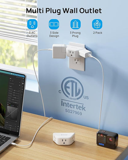 TROND Multi Plug Outlet Extender 2 Pack, Outlet Splitter for Bathroom | No Blocking with 3 Way Angled Design, ETL Listed, Cruise Essentials, Small Multiple Plug Adapter for Kitchen Office, White
