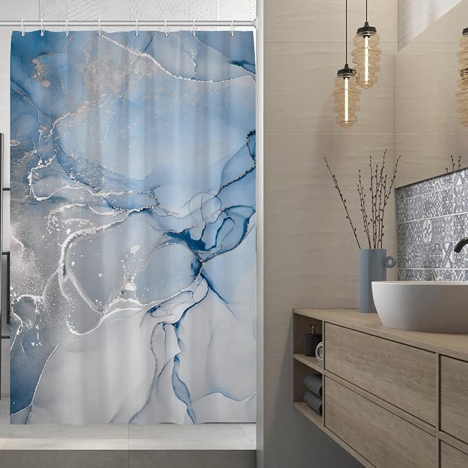 AWERT Blue Marble Shower Curtain for Bathroom Modern Blue White Marble Ink Shower Curtain with Hooks Washable Bathroom Accessories Bathtub Decor 48x72inch