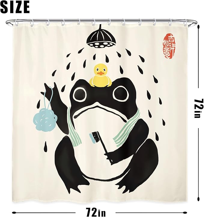 LGhtyro 4PCS Funny Frog 71Wx71H Inches Asian Traditional Japanese Art Animal Shower Curtain Sets with Rugs, Toilet Lid Cover and Bath Mat, Cute Bath Accessories Art Home Decor Fabric 12 Pack Hooks