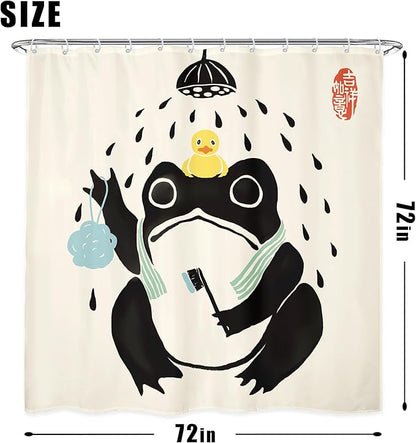 LGhtyro 4PCS Funny Frog 71Wx71H Inches Asian Traditional Japanese Art Animal Shower Curtain Sets with Rugs, Toilet Lid Cover and Bath Mat, Cute Bath Accessories Art Home Decor Fabric 12 Pack Hooks