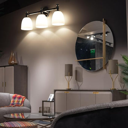 Bathroom Vanity Light, 3-Light Bathroom Light Fixtures Over Mirror, Traditional Vanity Lights for Living Room, Milk White Bell Glass Shades, Standard E26 Base, Polished Nickel