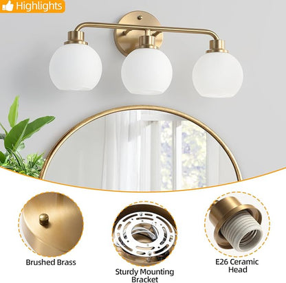 Bathroom Light Fixtures Gold Vanity Light 3 Light Brushed Brass | Wall Sconces Lighting with Milk Globe Glass Shades Bath Wall Lamp for Mirror Kitchen Living Room Bedroom Hallway