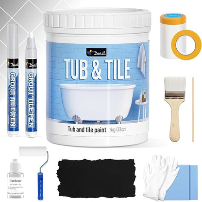 DWIL Tub Paint, Tub and Tile Refinishing Kit 33oz with Tools and 2 Grout Pen, Black Bathtub Paint Water Based &Low Odor, Easy to Use Sink for Bathroom Kitchen, Semi-Gloss Black, 50-55sq.ft