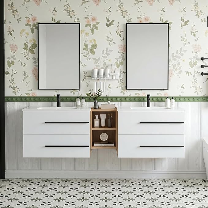 72 Inch Floating Double Sink Bathroom Vanity, Modern Bathroom Vanity with Double Sink, Wall Mounted Bathroom Vanity Cabinet with Large Storage Drawers, White&Natural