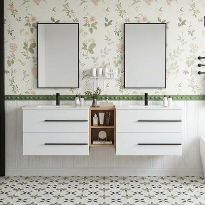 72 Inch Floating Double Sink Bathroom Vanity, Modern Bathroom Vanity with Double Sink, Wall Mounted Bathroom Vanity Cabinet with Large Storage Drawers, White&Natural