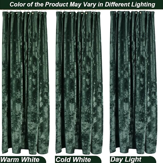 TAMGHO Crushed Velvet Shower Curtain, Dark Green Luxury Shower Curtain with Gold Decro Metal Hooks, Machine Washable Thick Fabric Bathroom Curtain, 72x72