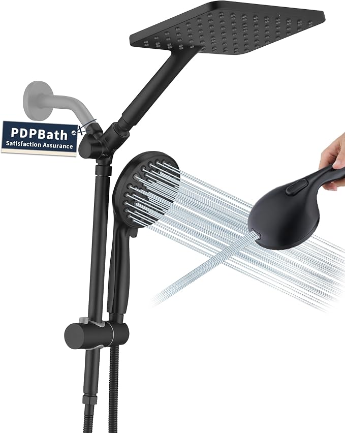 PDPBath High Pressure Rainfall Shower Head with Handheld Combo, Height Adjustable Dual Handheld Shower Head Combo with Slide Bar for Easy Reach, Matte Black