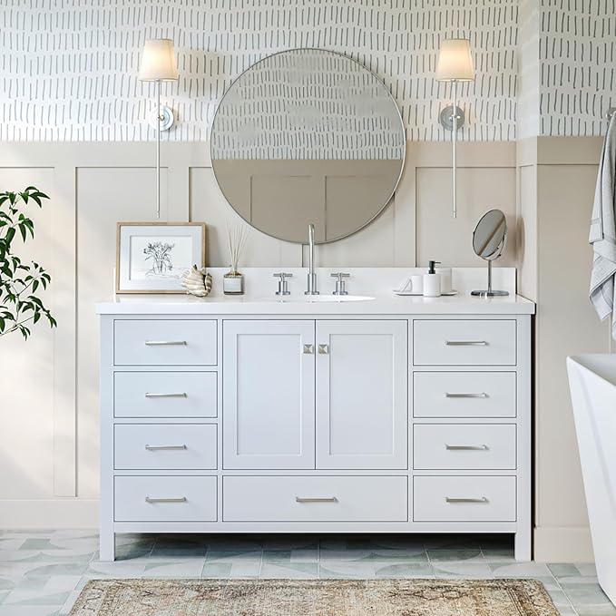 ARIEL Cambridge 60-inch Bathroom Vanity Base Cabinet,Solid Wood, 2 Soft Closing Doors, 9 Dovetail Drawers, White