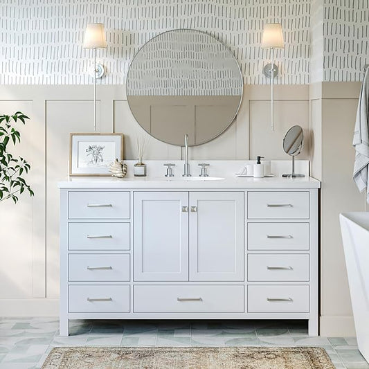 ARIEL Cambridge 60-inch Bathroom Vanity Base Cabinet,Solid Wood, 2 Soft Closing Doors, 9 Dovetail Drawers, White