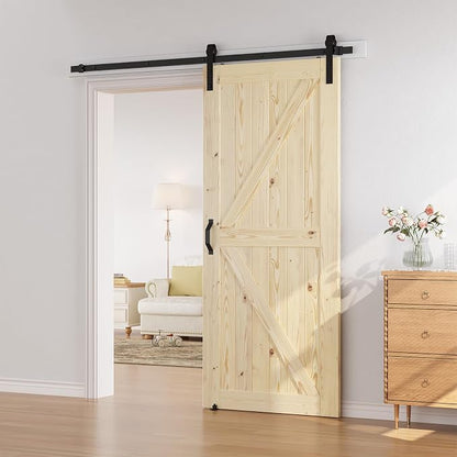 SmartStandard 34in x 84in Sliding Barn Wood Door Pre-Drilled Ready to Assemble, DIY Unfinished Solid Spruce Wood Panelled Slab, Interior Single Door Only, Natural, K-Frame (Fit 6FT Rail) | Pre-Drilled Ready to Assemble, DIY Unfinished Solid Spruce Wood...