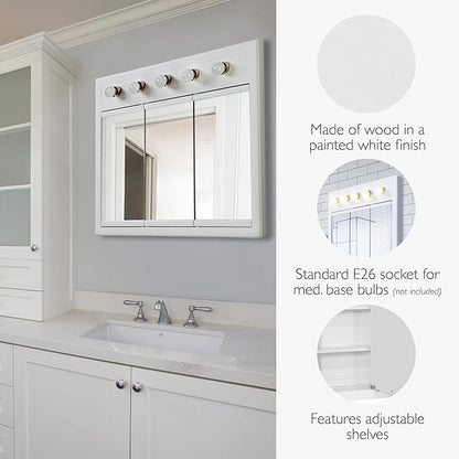 Design House Concord Medicine Cabinet, 3 Mirrored Doors, Pre-Assembled, Surface Mount, 5 Lights, White Wood Frame Wall Cabinet, 36 in W x 5 in D x 30 in H, 532390-WHT