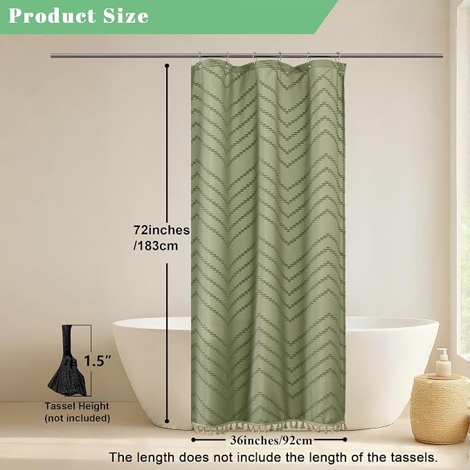 Small Boho Stall Shower Curtain, Light Green Fabric Cloth Stall Shower Curtain 36 x 72 Half Size with Tassel Tufted Chevron Striped Textured Modern Farmhouse for Bathroom, Machine Washable