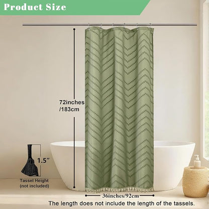 Small Boho Stall Shower Curtain, Light Green Fabric Cloth Stall Shower Curtain 36 x 72 Half Size with Tassel Tufted Chevron Striped Textured Modern Farmhouse for Bathroom, Machine Washable