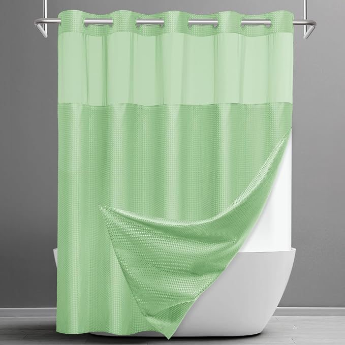 SORTTO No Hook Shower Curtain with Snap in Liner Set Waffle Shower Curtain for Bathroom Hotel Style Fabric Waterproof Inner Liner，71" W x 74" H, Green