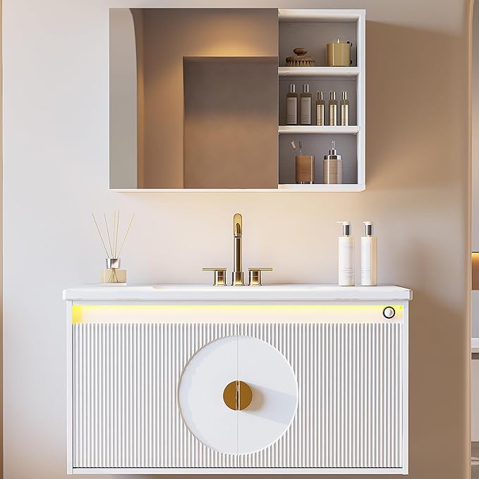 IRONCK Floating Bathroom Vanity with Sink, Mirror Medicine Cabinet, LED Strip Light, 36 Inches Modern Wall Mounted Sink Cabinets & Mirror Cabinets Set with Large Storage Space, White