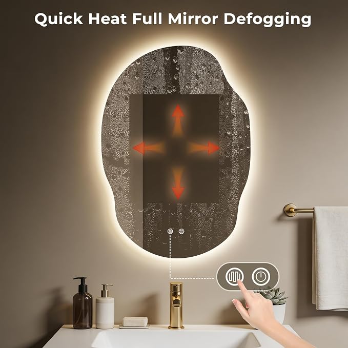 Asymmetrical Bathroom Mirror with Lights, Irregular LED Backlit Vanity Mirror, 31" H x 22" W, Anti-Fog, Dimmable Lighting with 3 Color Temp, Memory, Hardwired, Vertical or Horizontal Mount