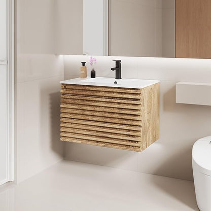 LUCKWIND 30" Floating Bathroom Vanity with Sink, Mid-Century Wall Mounted Big Drawer Cabinet with Large Sink, Water Saving Faucet and Wood Stripes Style, Oak