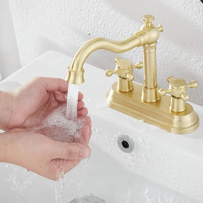 Bathroom Faucet Brushed Gold GGStudy 2 Handles 4 Inches Centerset Bathroom Vanity with Drain Assembly and Supply Hose Lavatory Mixer Double Handle Tap