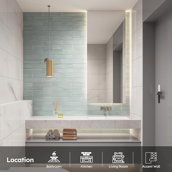 Peel and Stick Glass Subway Tiles, Pearl Gray, 3x12 Inch, 5 Sq.ft | Water Wave Glass Tile for Kitchen Backsplash, Bathroom, Accent Wall