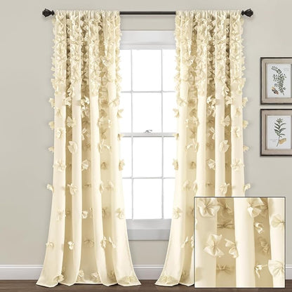 Lush Decor Riley Light Filtering Window Curtain Panel, Single 54" W x 84" L, Buttercream - Cute Yellow Curtains for Bedroom - Bow Decor - Coquette Curtains for Windows