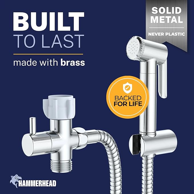 HammerHead Showers Solid Metal Adjustable Pressure Handheld Bidet Sprayer for Toilet, Handheld Bidet Attachment with 47-Inch Hose and Leak-Proof T-Valve, Jet Spray for Toilet, Muslim Shower, Chrome