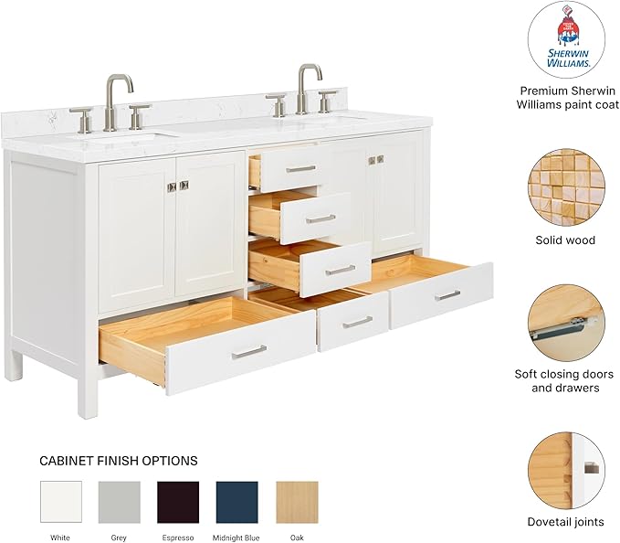 DKB Beckford 72 Inch Bathroom Vanity Double Sink — White Bathroom Vanity with Sink, 1.5" Edge Carrara White Quartz Countertop & Backsplash, 4 Soft-Close Doors, 6 Dovetail Drawers