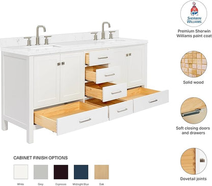 DKB Beckford 72 Inch Bathroom Vanity Double Sink — White Bathroom Vanity with Sink, 1.5" Edge Carrara White Quartz Countertop & Backsplash, 4 Soft-Close Doors, 6 Dovetail Drawers