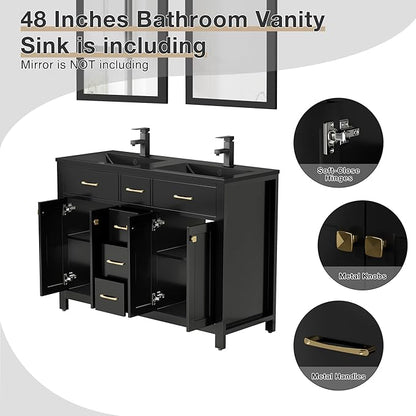 LUCKWIND 48" Bathroom Vanity with Sink Combo, Painted Modern Bathroom Storage Cabinet with Double Resin Black Sink, Four Doors and Three Drawers, Include Faucet Without Mirror, Black