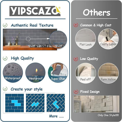 Yipscazo Peel and Stick backsplash 3 x 6 Inches 3D PVC Composite Wall Tile Stick on Backsplash Tile for Kitchen Bathroom, Laundry Room, Fireplace(Gray, 100 Pieces)