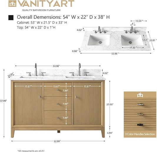 Vanity Art 54" Bathroom Vanity with Double Sink & Arabescato White Engineered Stone Top, Vanity Cabinet with Soft Closing Door, Solid Wood Frame, Golden Brushed Handles, Natural Oak VA8154D-NO-GB