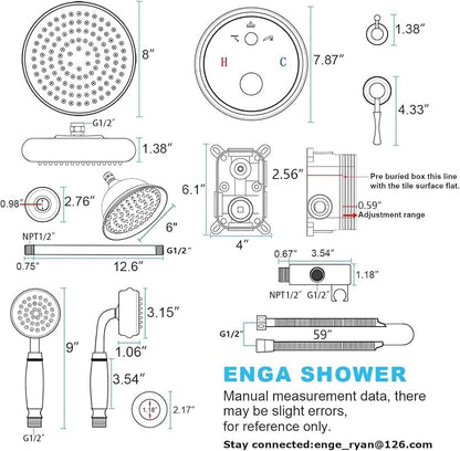 Enga Antique Dual Shower Head Faucet Set - 8" Ceiling Mount Rain Shower & 6" Wall-Mounted Vintage Rainfall + Handheld Spray Combo, Brushed Gold